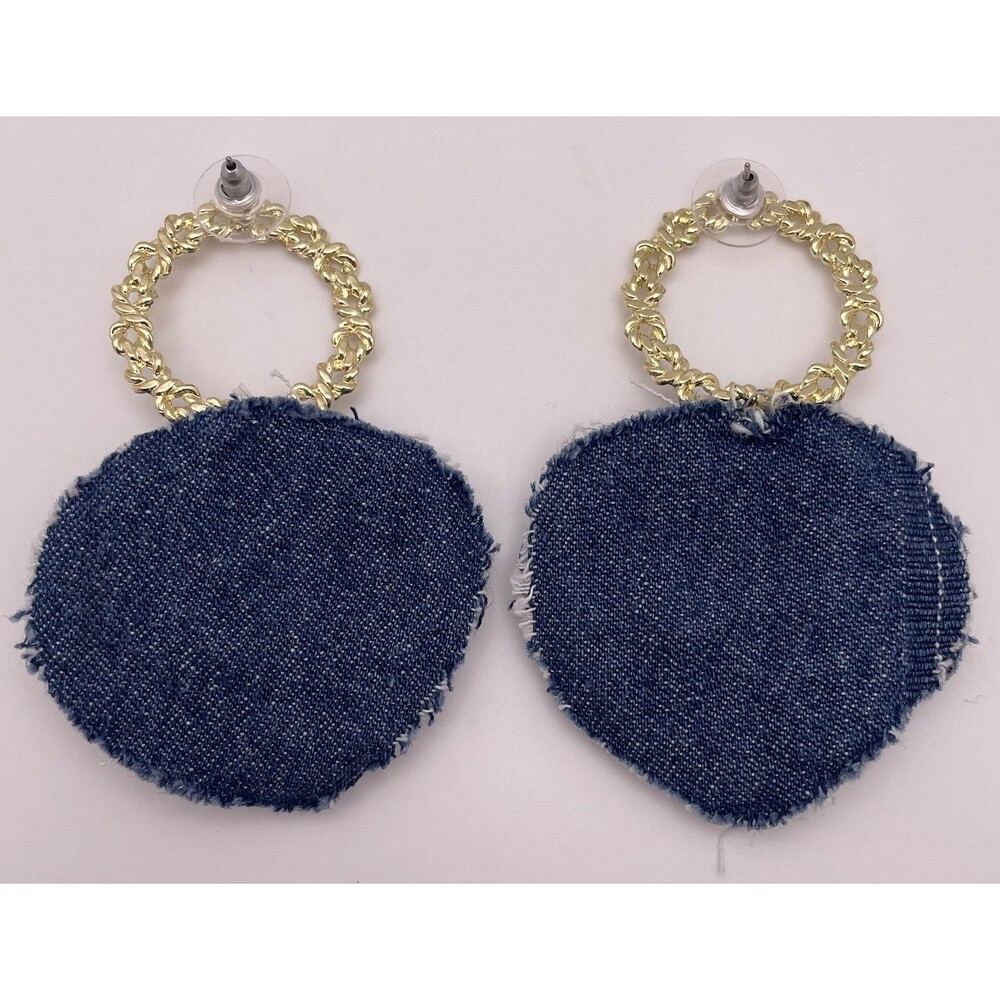 Unique Handcrafted MultiColor Beaded Gold Tone Bee Denim Statement Earrings - Picture 2 of 4